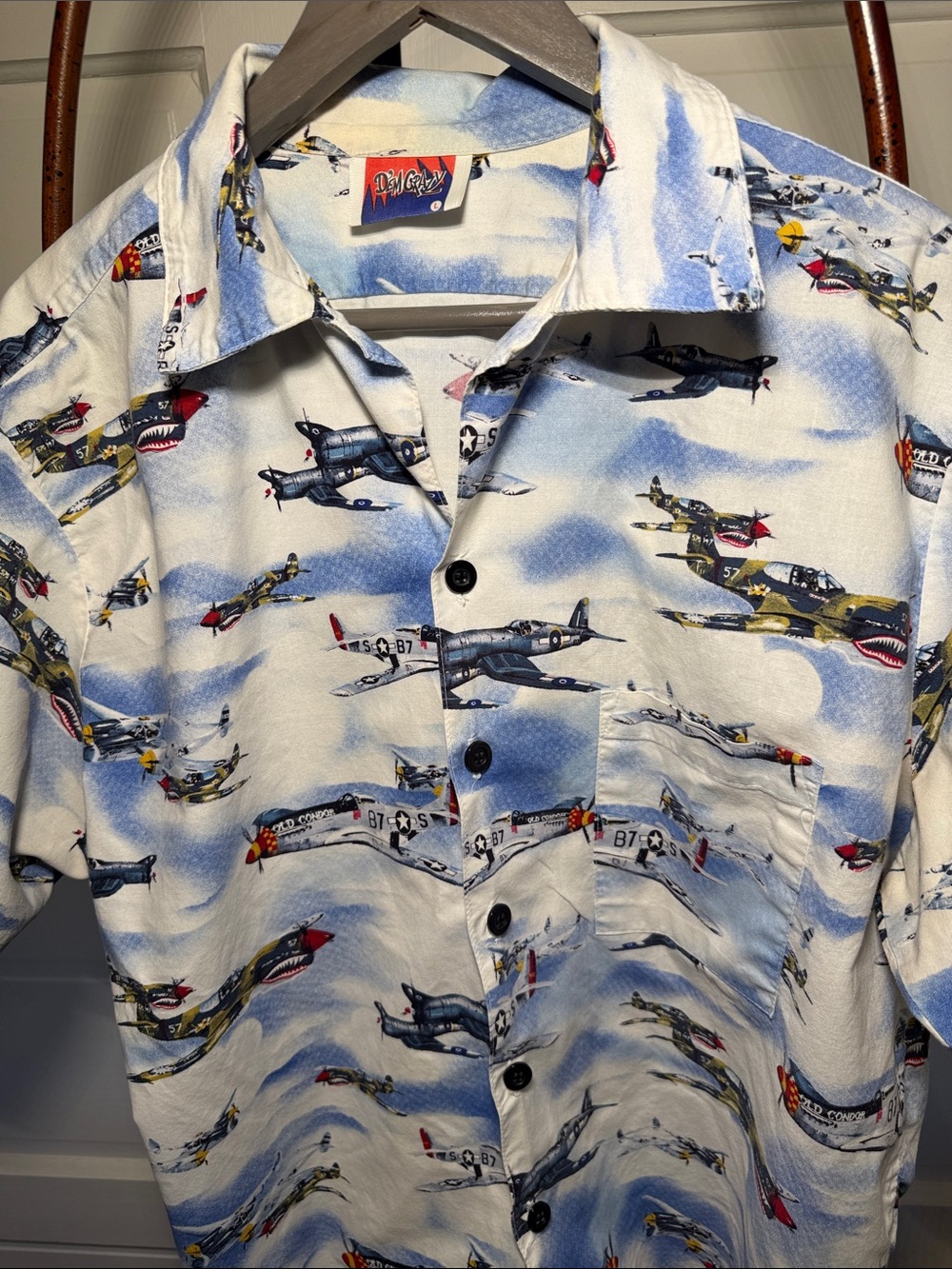 Vintage De’M Crazy WWII Fighter Plane Hawaiian Shirt Large Made USA Cotton